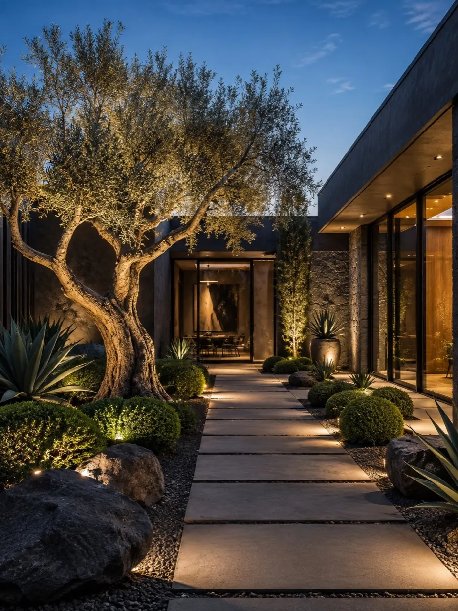 Landscaped outdoor courtyard with warm natural materials and lush greenery
